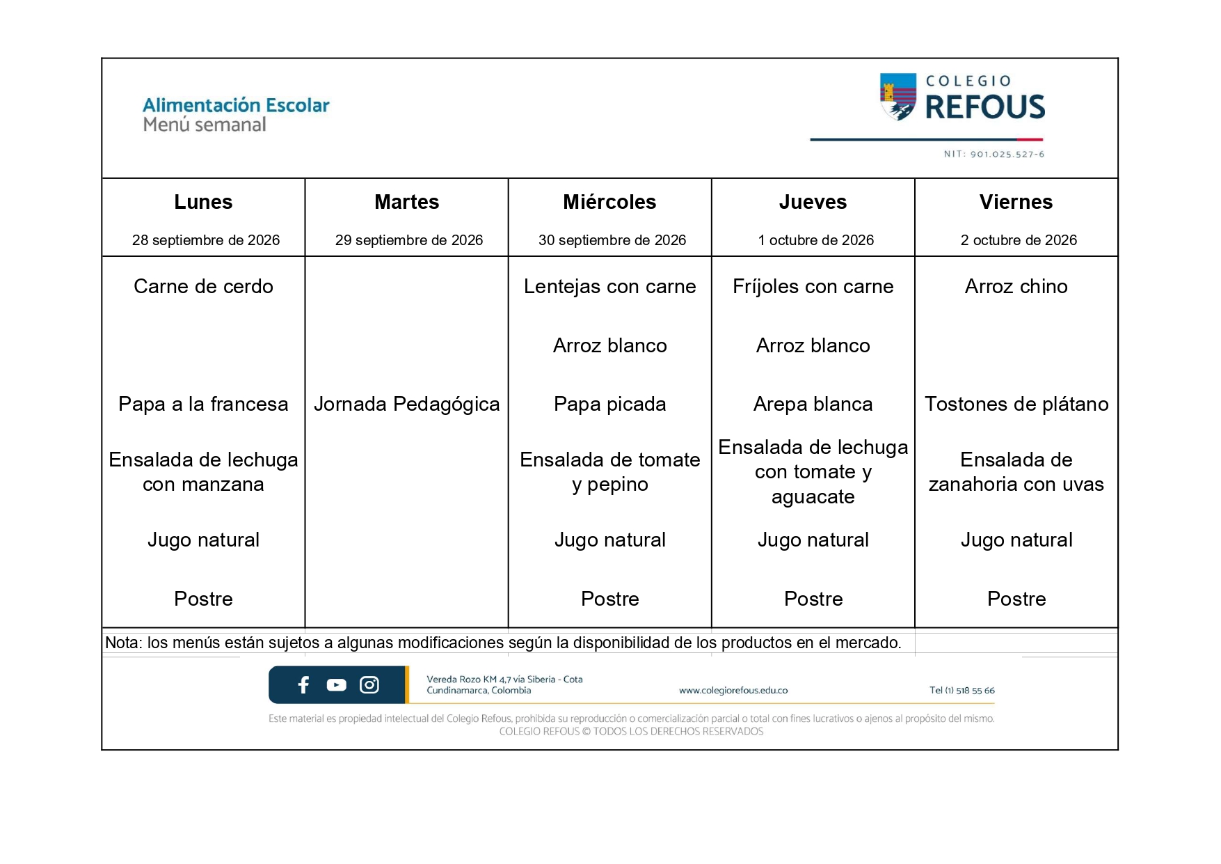 28 de septiembre al 2 de octubre de 2026 - Alimentación escolar